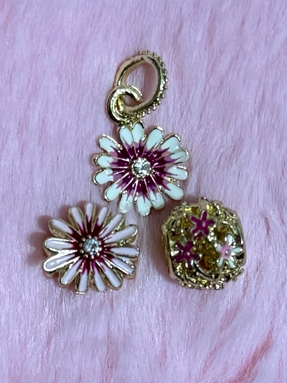 3 Gold Pink Daisy Flower Collection Charm Set For Pandora /Not Pandora